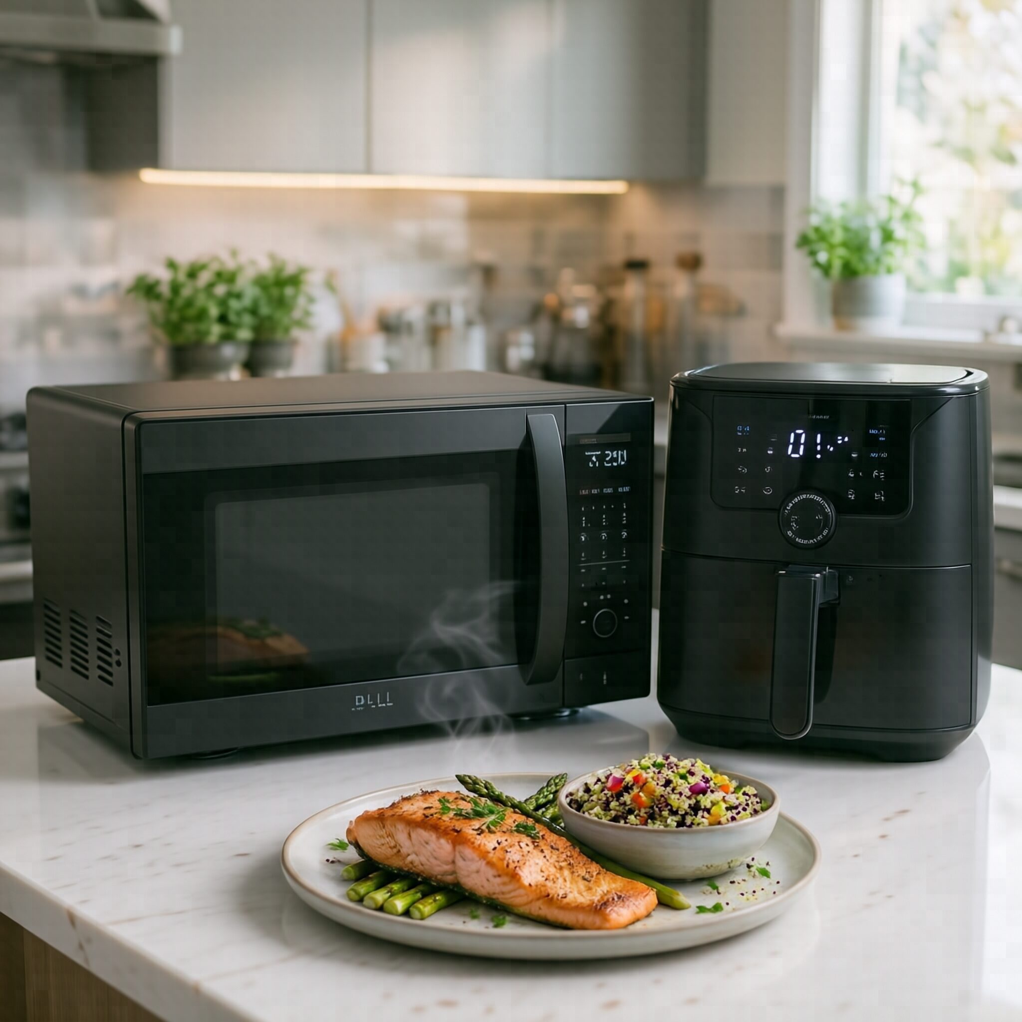 Microwave and air fryer combo deals for homes featuring a modern microwave and digital air fryer displayed together in a stylish kitchen with freshly prepared healthy meals.