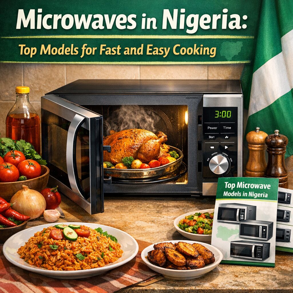 Microwaves in Nigeria: Top Models for Fast and Easy Cooking displayed in a modern Nigerian kitchen with digital microwave ovens and prepared meals.