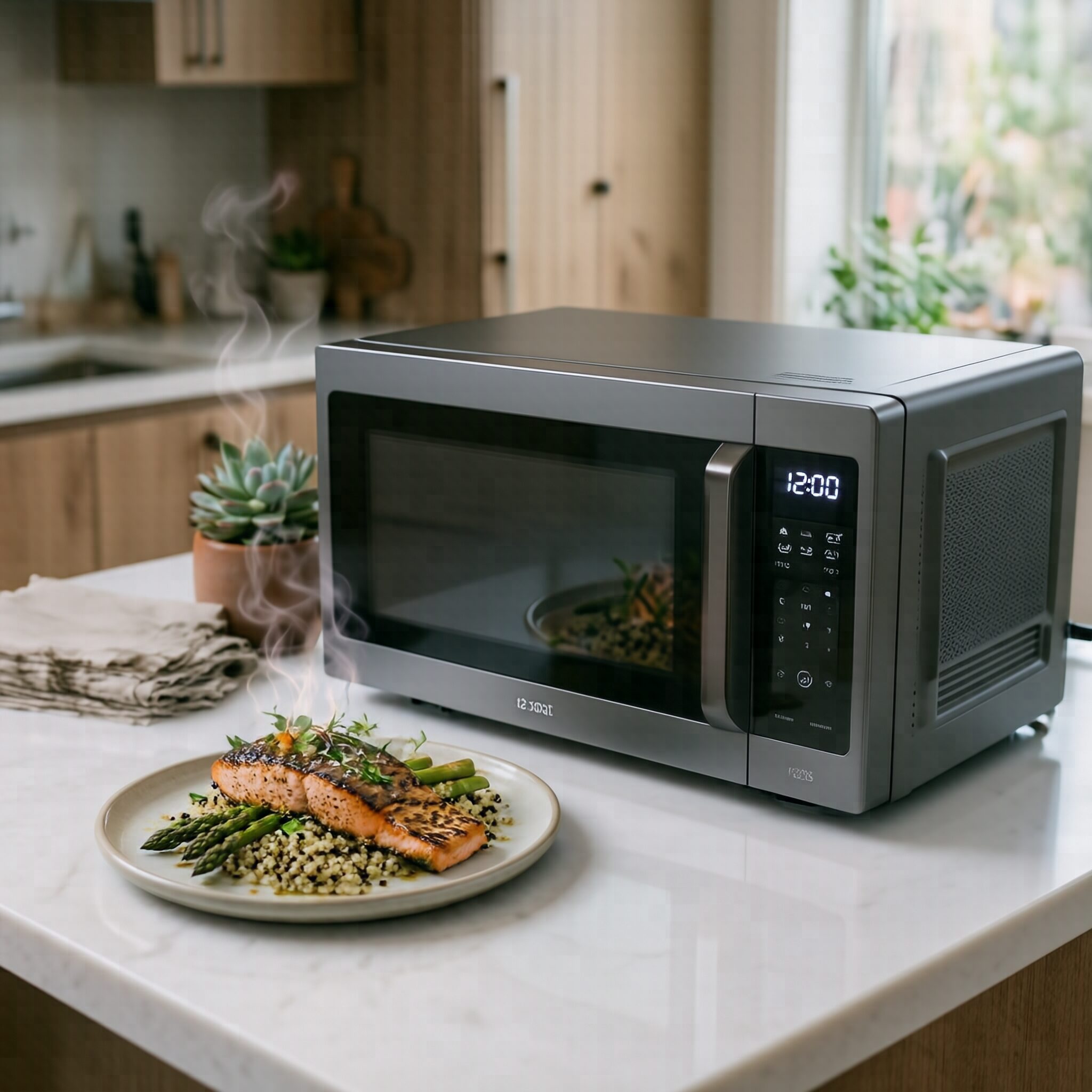 Small Microwaves for Compact Kitchens and Apartments displayed on a modern apartment kitchen countertop with space-saving design, digital controls, and prepared meals.