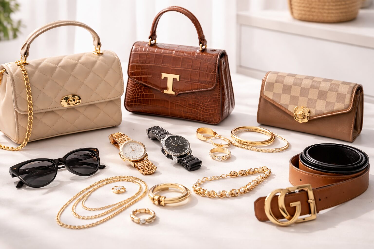 Collection of stylish fashion accessories including handbags watches sunglasses and jewelry for fashionable Nigerians