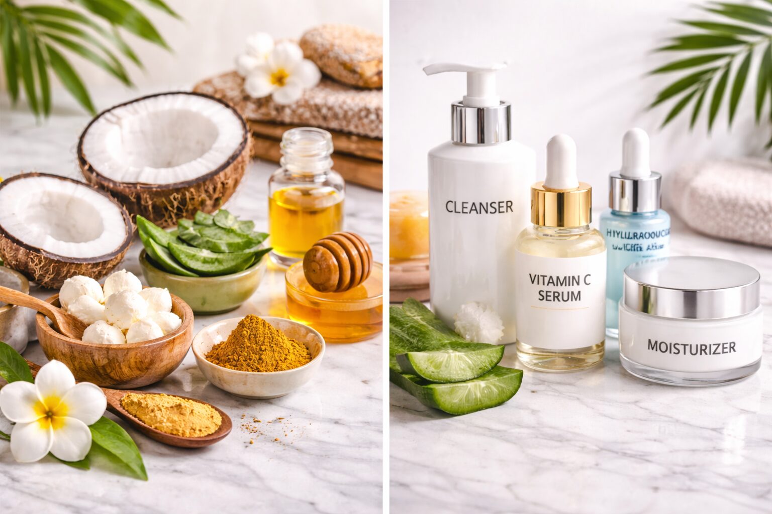 Natural and chemical skincare products displayed side by side for comparison on a beauty table