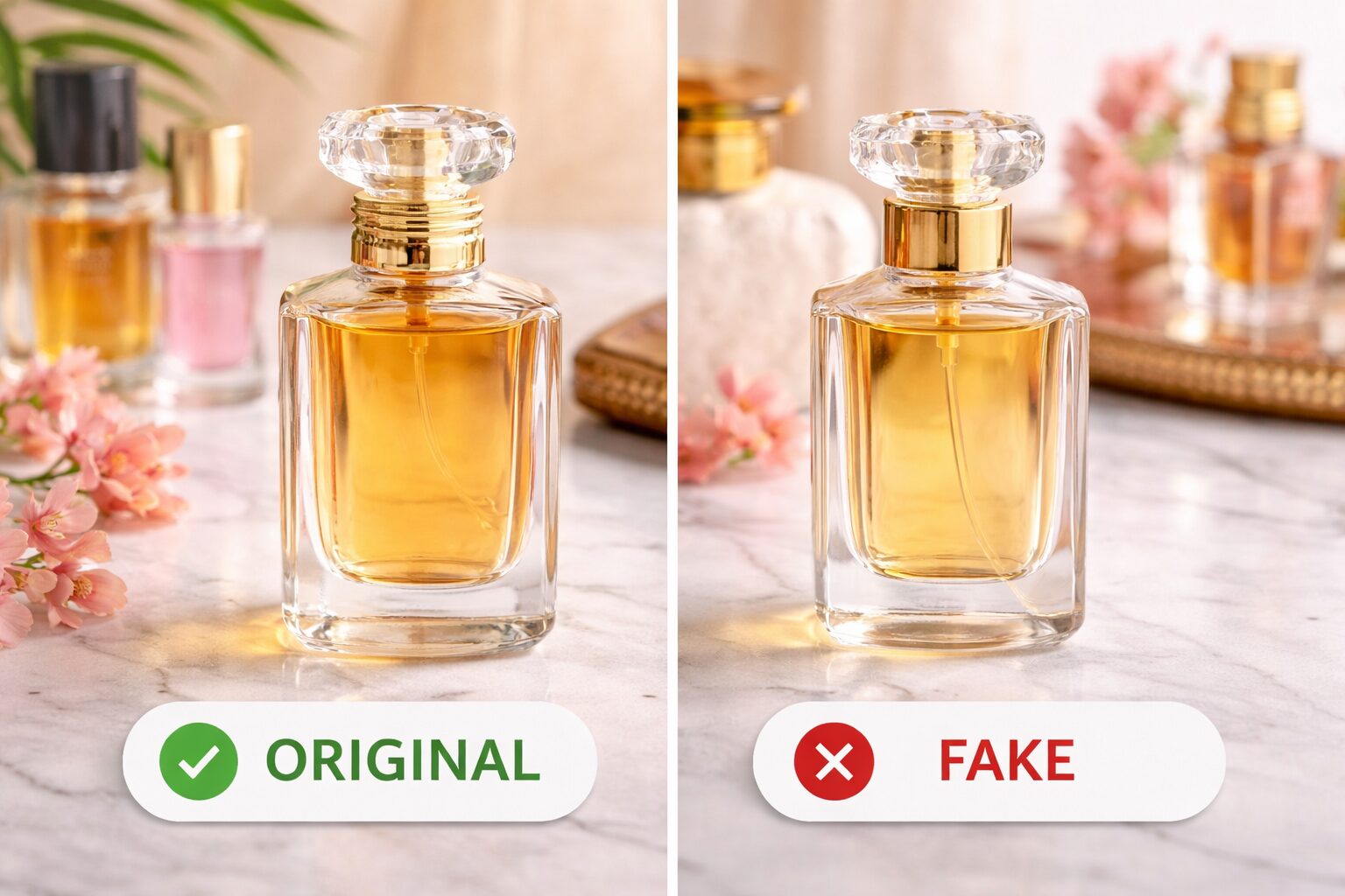 Original and counterfeit perfume bottles displayed side by side for comparison in Nigeria