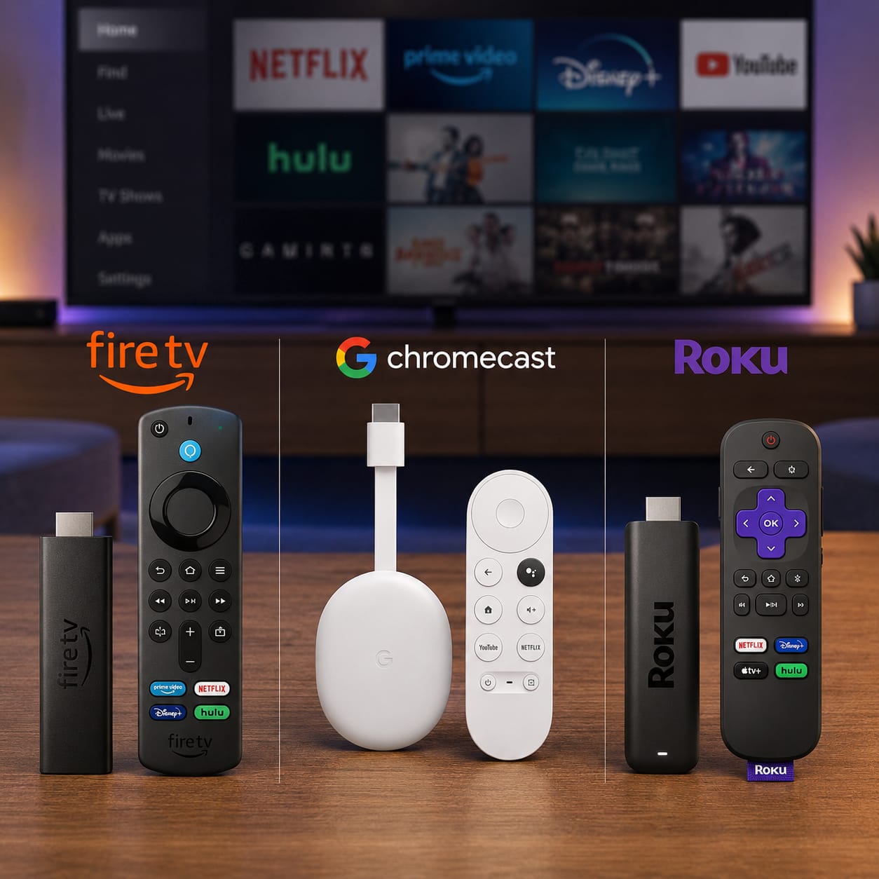 Best streaming device for homes featuring Fire TV, Chromecast, and Roku connected to a smart television in a living room.
