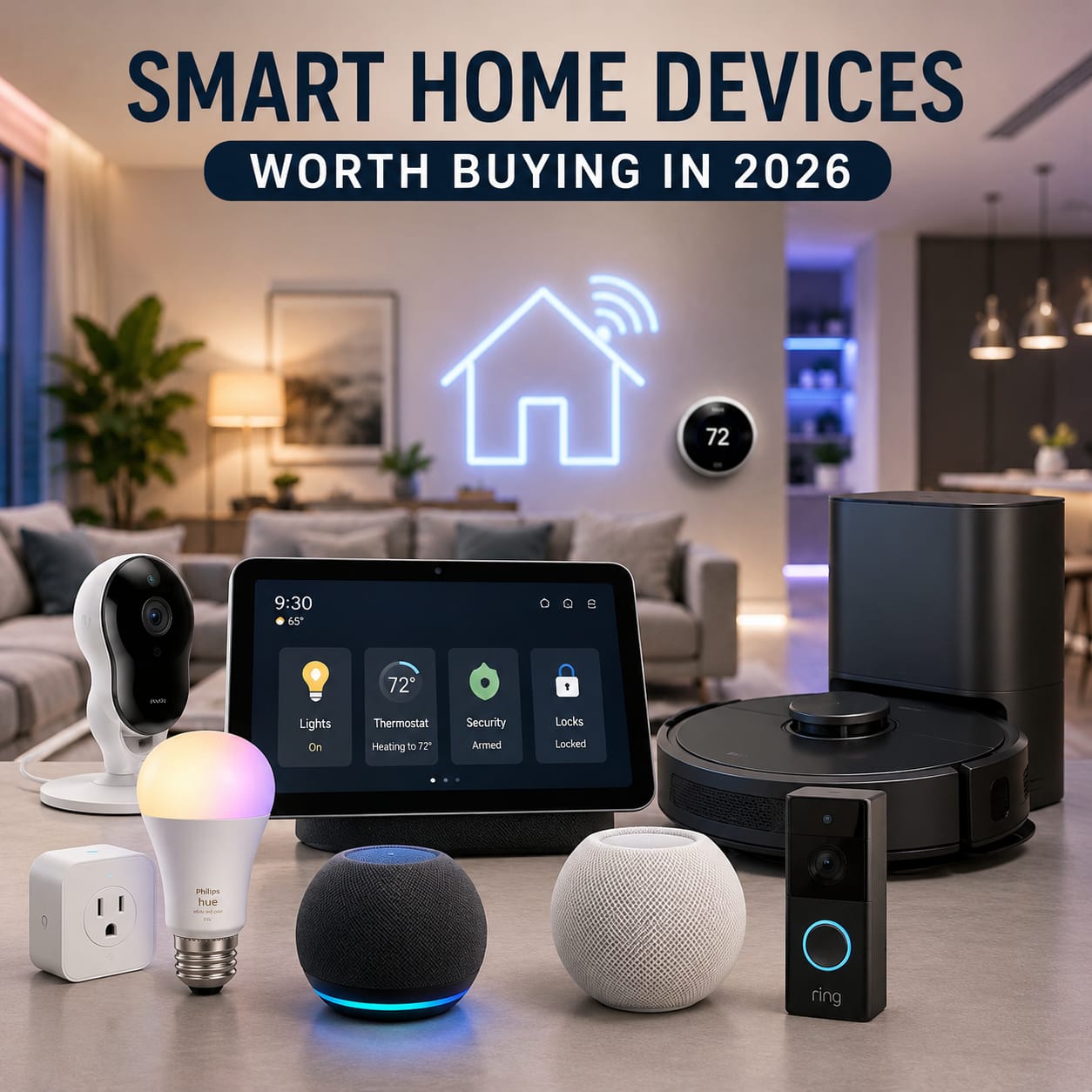 Smart home devices in 2026 controlling lighting, security cameras, smart speakers, and appliances inside a modern home.