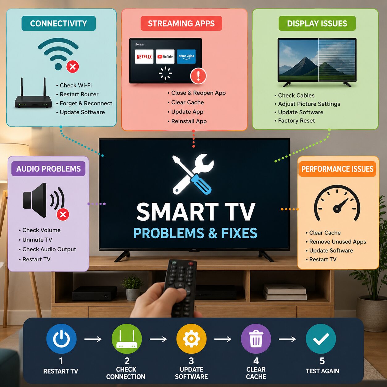 Smart TV problems and fixes showing troubleshooting steps for connectivity, streaming, display, audio, and performance issues at home.