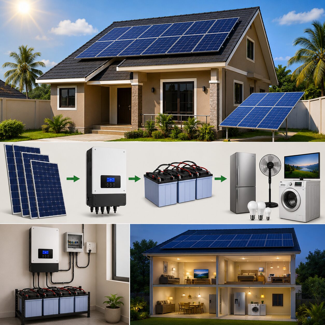 Best solar systems for Nigerian homes featuring solar panels, inverter batteries, rooftop installation, and reliable household electricity supply.