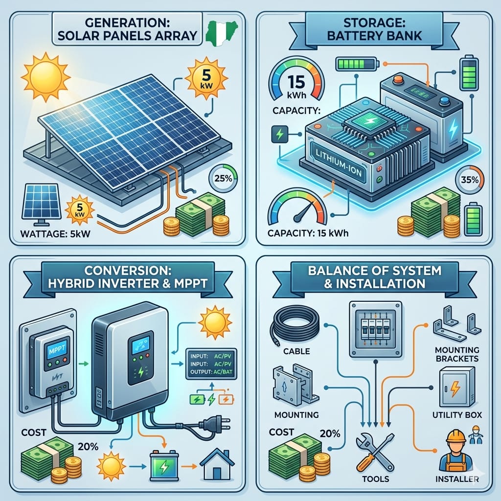 Solar power system cost in Nigeria showing solar panels, inverter batteries, rooftop installation, and residential renewable energy setup.