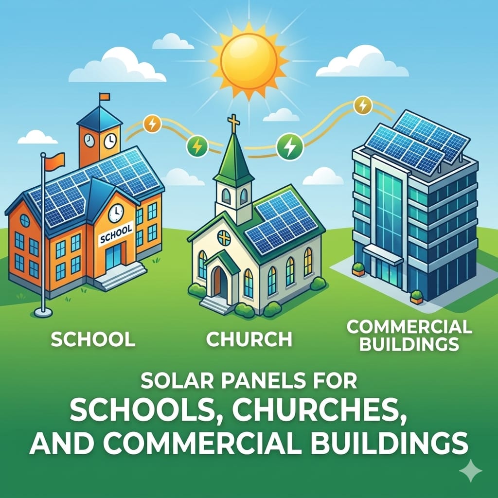 Solar panels for schools, churches and commercial buildings providing reliable renewable energy