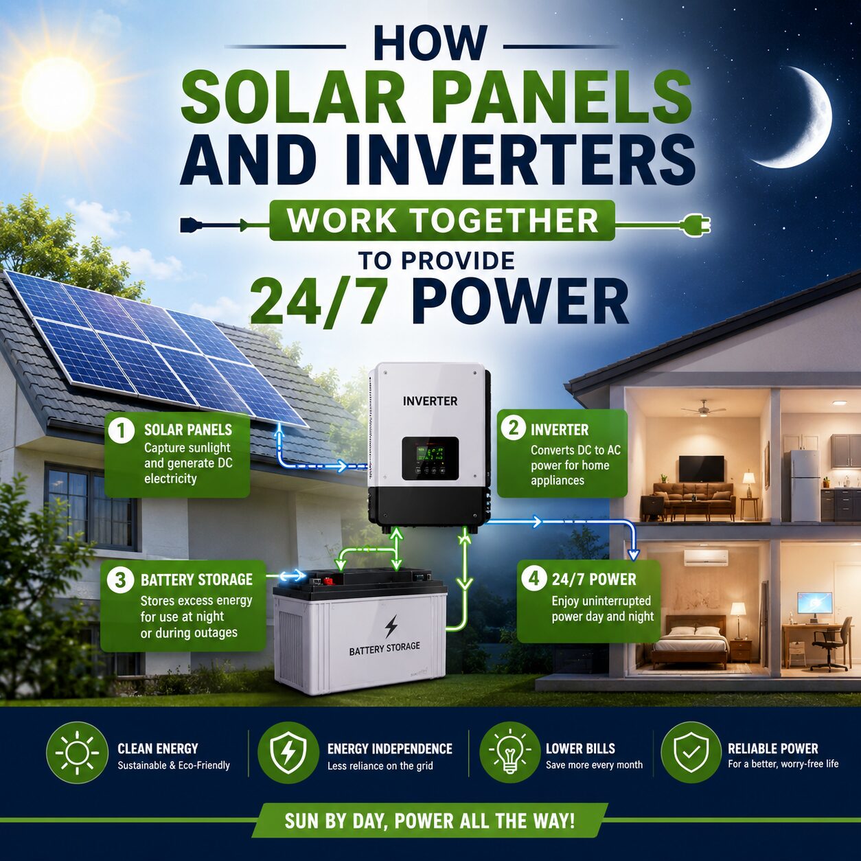 How solar panels and inverters work together to provide 24/7 power with battery storage and continuous energy supply.