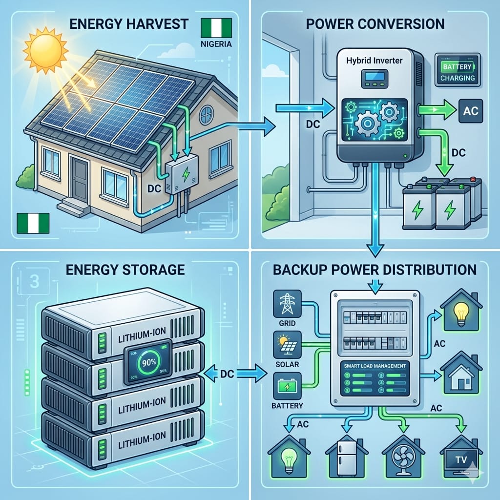 Home Power Backup Guide showing solar panels, inverter system, battery storage, and reliable electricity supply for homes.