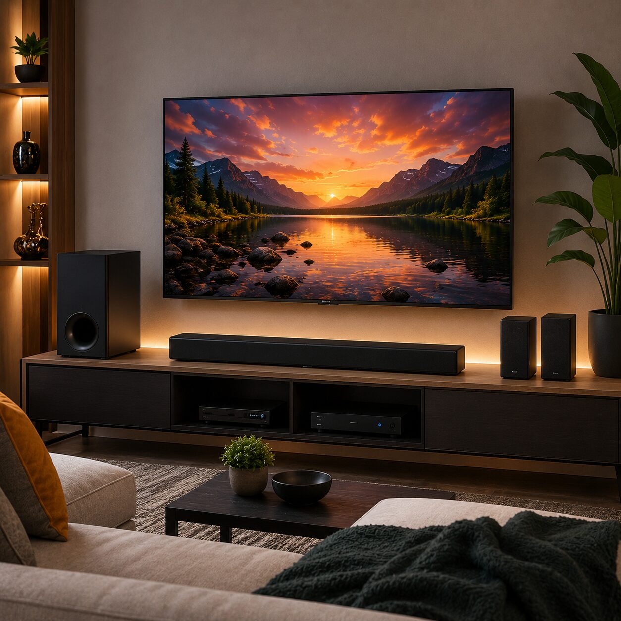 Best soundbars in Nigeria displayed in a modern living room setup with smart TV, wireless subwoofer, and speakers.