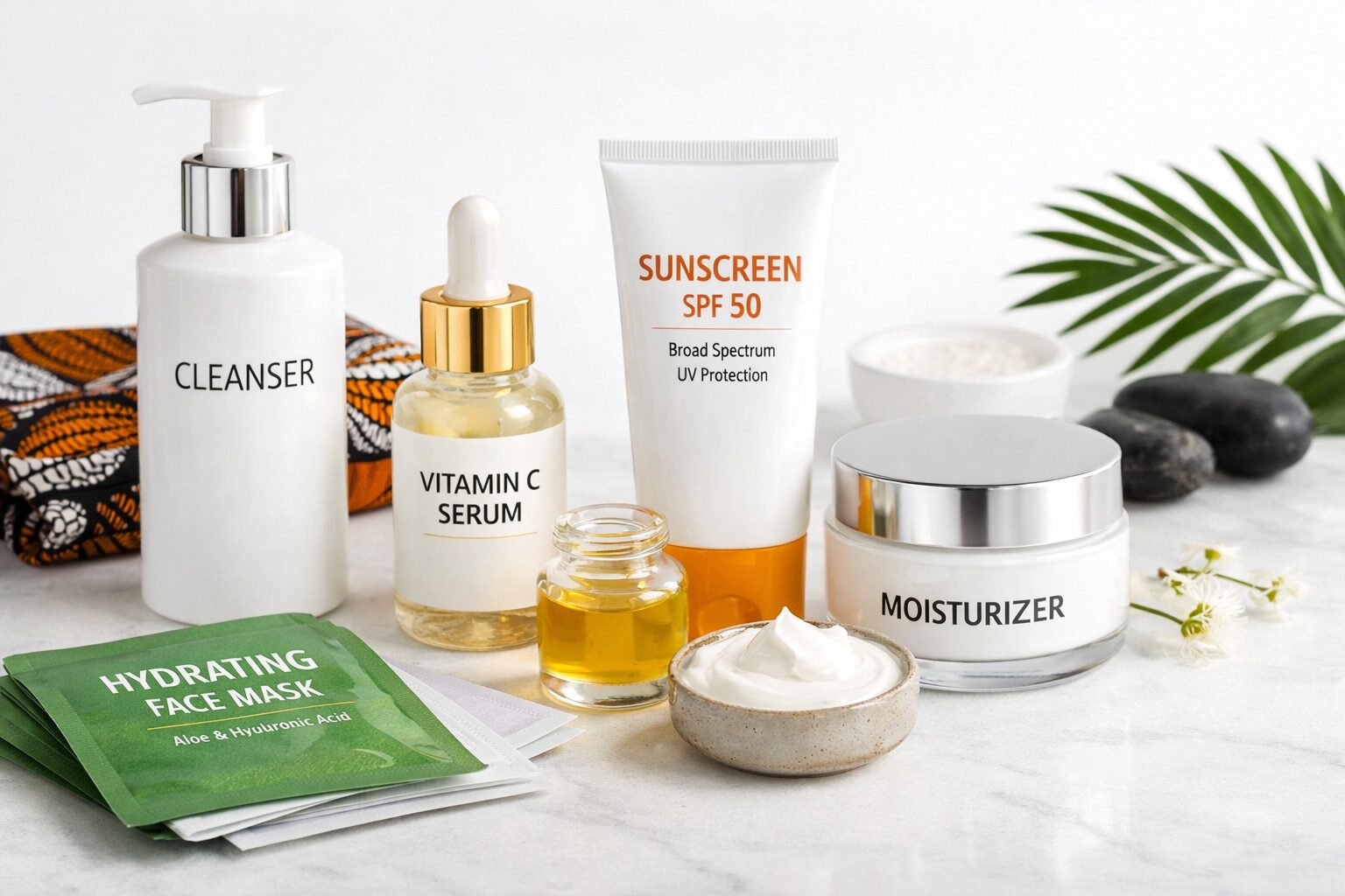 Top 10 Skincare Products Every Nigerian Should Have for Healthy, Glowing Skin Collection of skincare products arranged neatly for a healthy glowing skin routine in Nigeria