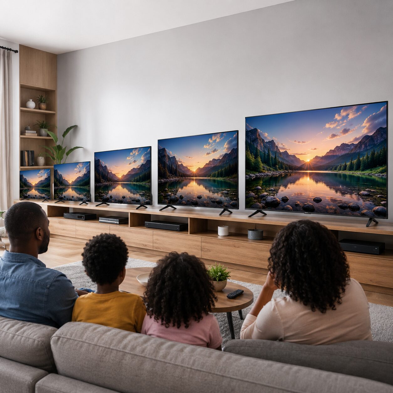 TV buying guide showing different television screen sizes in a modern family living room with comfortable viewing distance.