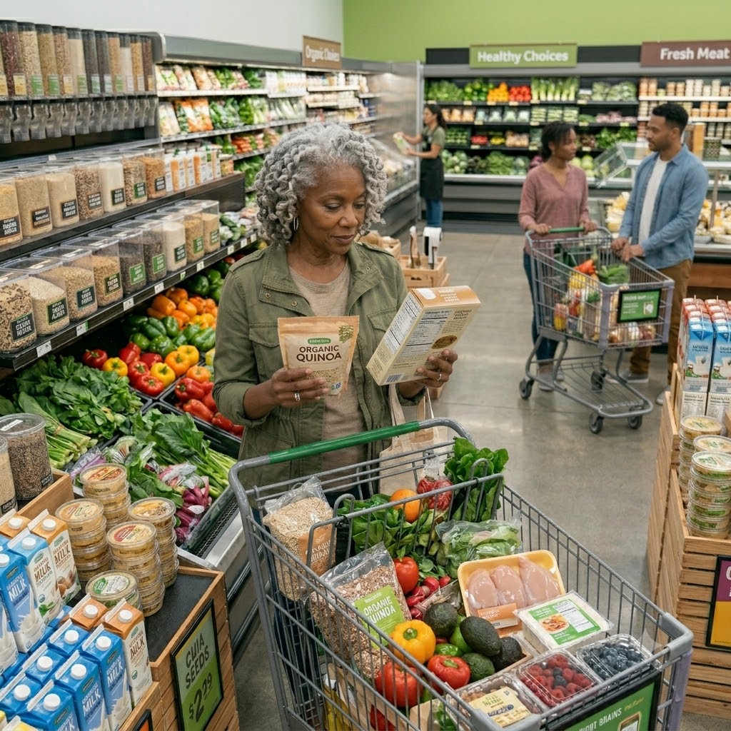 Shopper selecting healthy food products in a supermarket, Nigeria