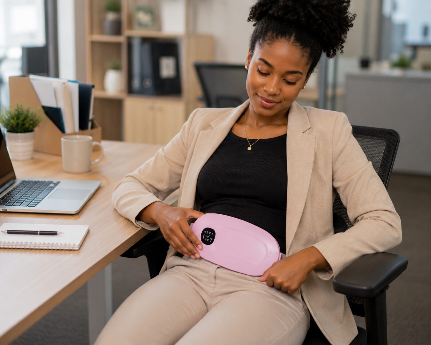 African woman using a rechargeable menstrual heating pad massager for portable period pain relief at home.