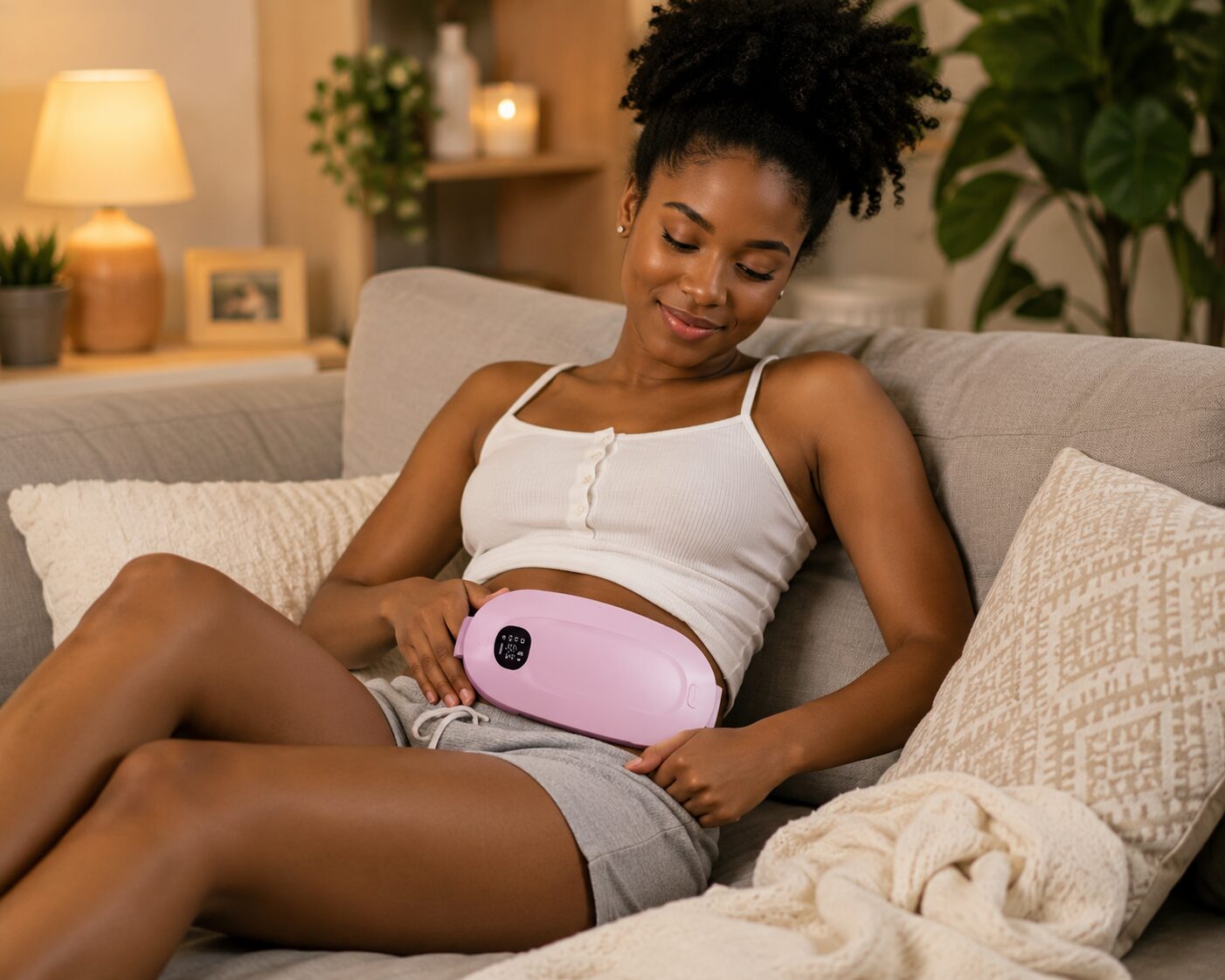 Woman using a rechargeable menstrual heating pad massager for soothing period cramp relief.