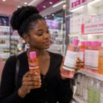 African woman Purchasing brightening toners for glowing skin at a cosmetic store