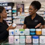 African model purchasing the best face moisturizer listed below in a cosmetic store on a counter.