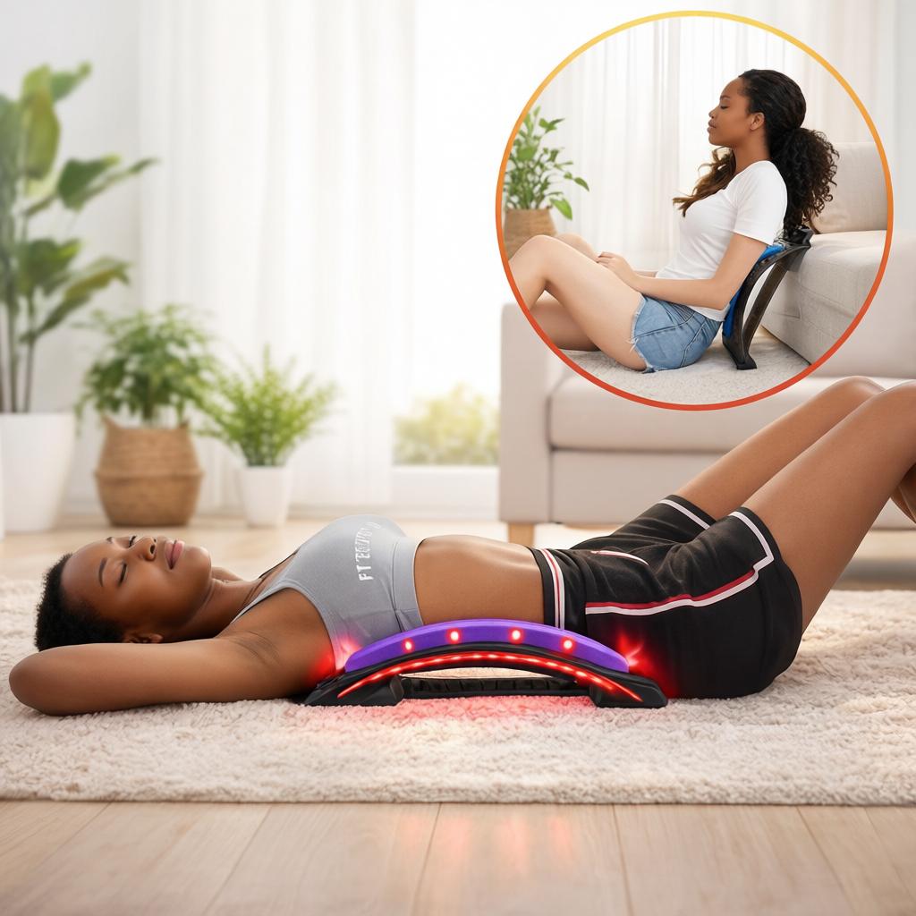 Person using a Back Pain Correction Device to improve posture and relieve lower back pain at home.