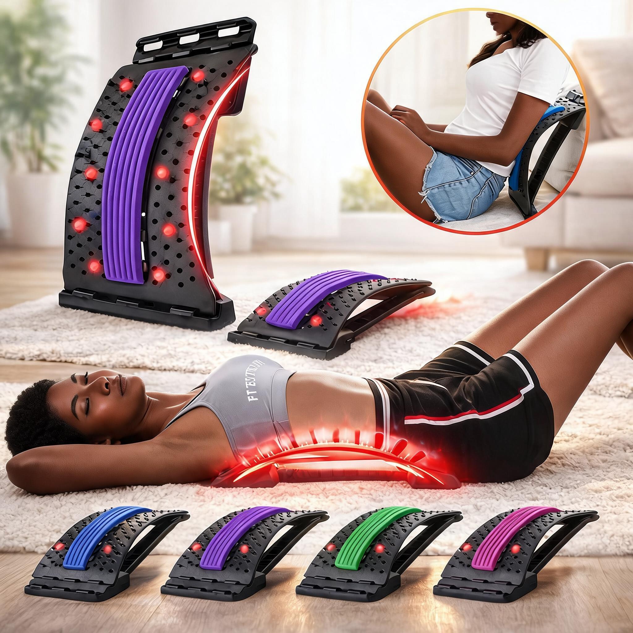 African woman using a back pain correction device to stretch her lower back at home.