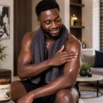 African man applying body cocoa butter for soft, smooth, glowing skin in a modern Nigerian home.