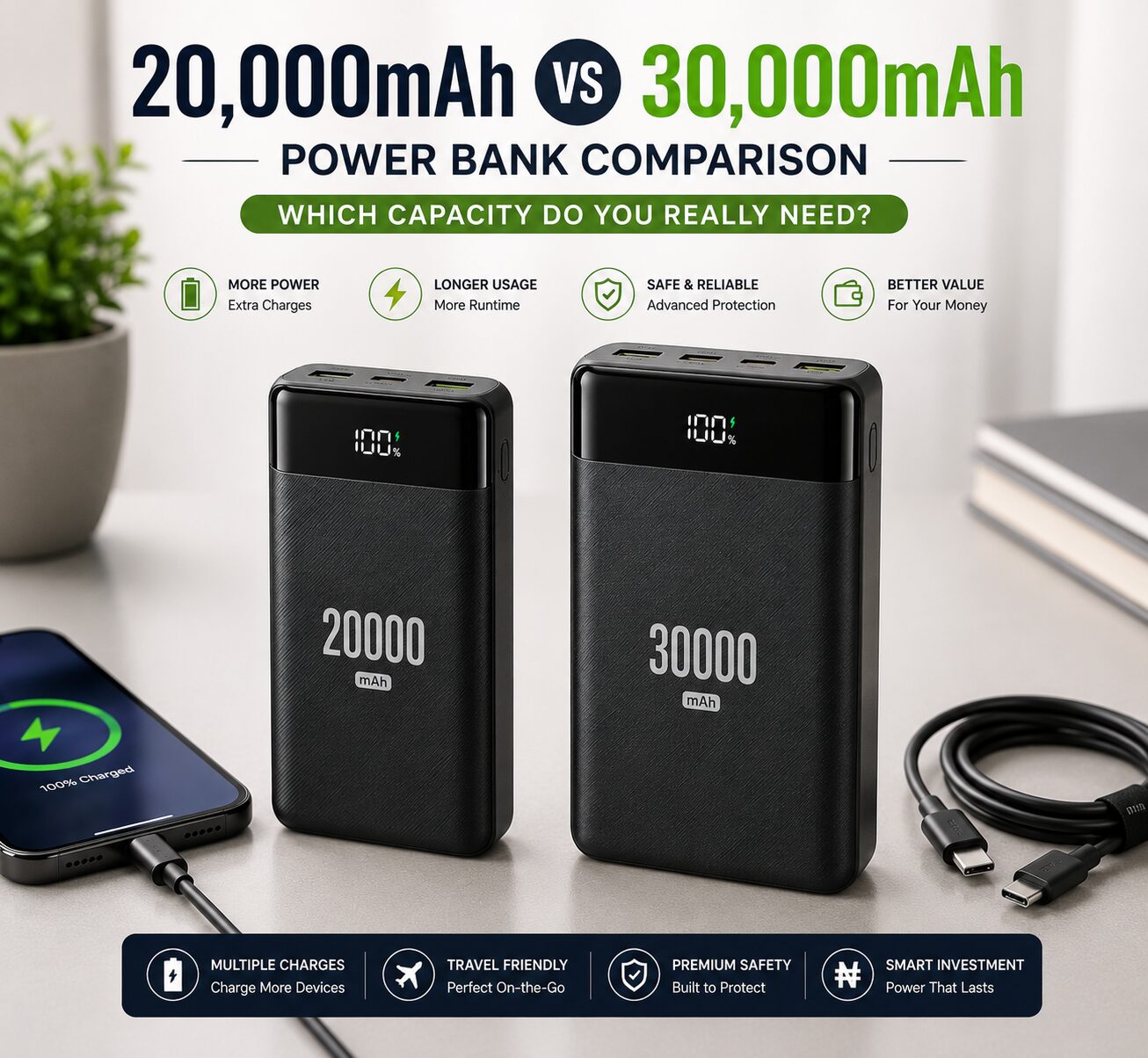 20000mAh vs 30000mAh power banks side by side with a smartphone and charging cable showing capacity comparison for buyers in 2026