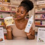 African model African woman comparing body butter and body lotion in a Nigeria cosmetic store on a counter.