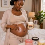 Pregnant African woman applying body butter to her baby bump at home for healthy, moisturized skin during pregnancy in Nigeria.