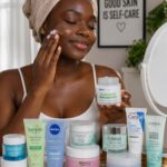 African woman applying gel moisturizer to her face with top gel moisturizers displayed for every skin type in Nigeria (2026).