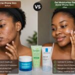 African woman having acne-prone on her face VS applying gel moisturizer to acne-prone skin for clearer, hydrated, healthy-looking skin.