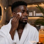 African man applying niacinamide brightening toner on his face to fade hyperpigmentation and dark spots for radiant, even-toned skin in a spa studio.
