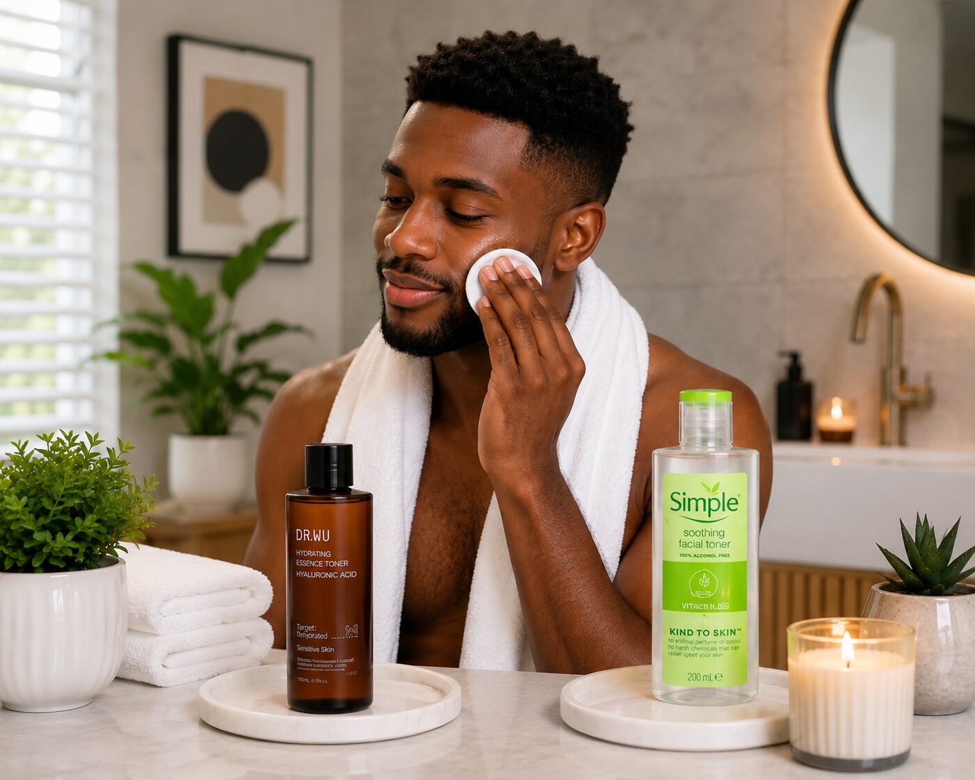 African man applying facial toner after cleansing, showcasing the best facial toners for oily, dry, and sensitive skin in Nigeria.
