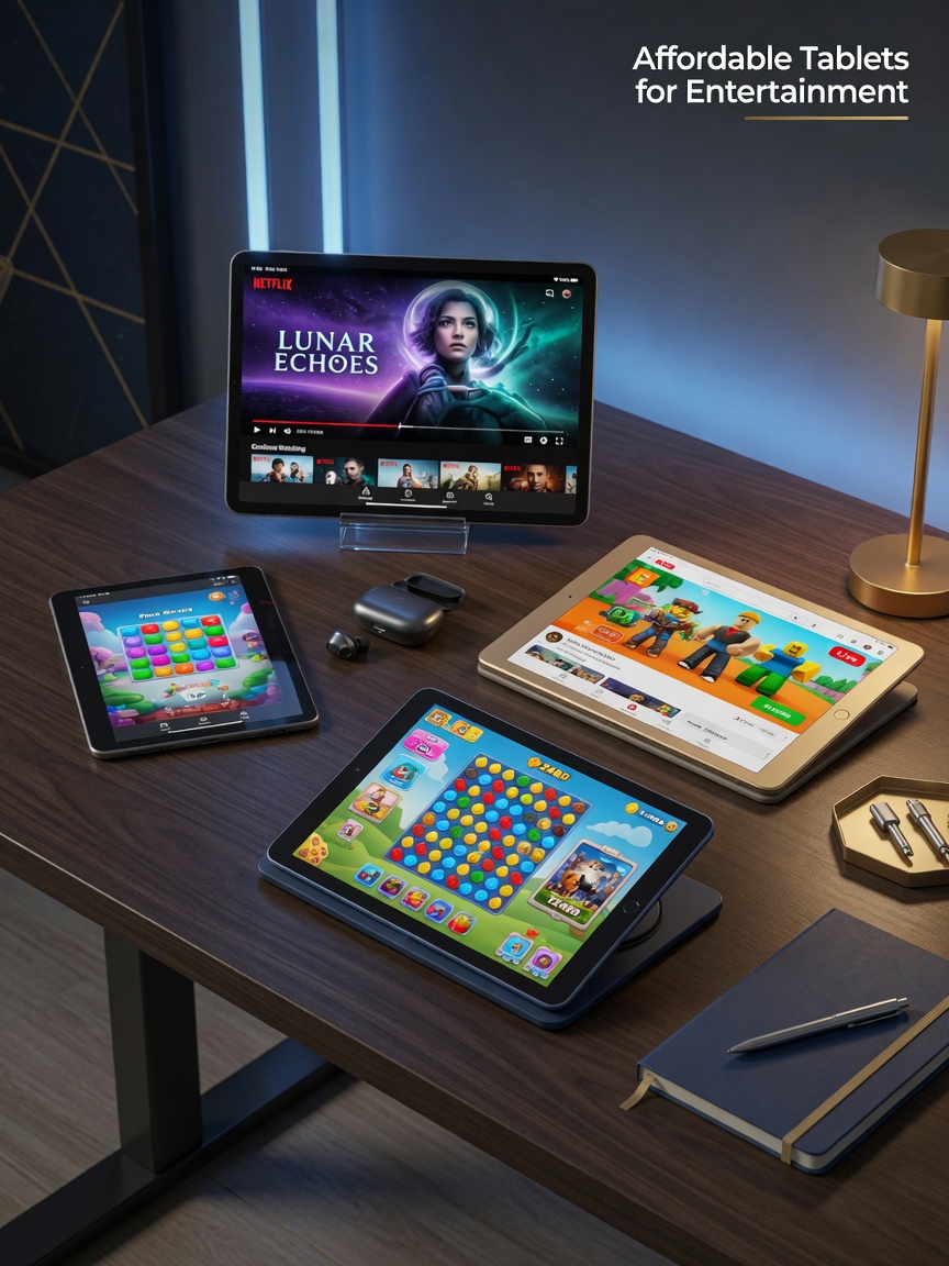 Affordable tablets displaying movies, streaming apps, gaming interfaces, and multimedia content on a modern entertainment workspace.