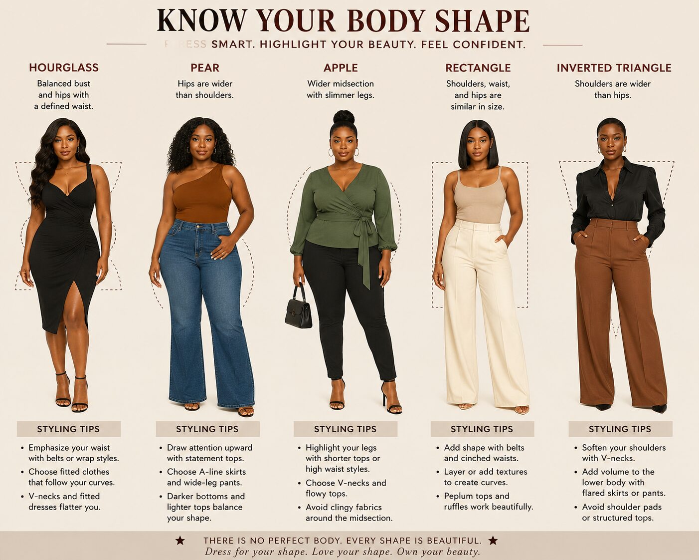 The five common female body shapes with styling tips for dressing each figure confidently.