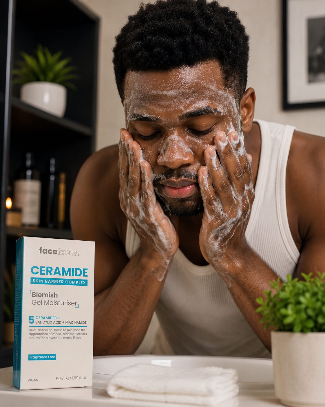 10 Best Facial Cleansers for Acne-Prone Skin in Nigeria African man washing his face with a facial cleanser for acne-prone skin during a skincare routine in Nigeria.