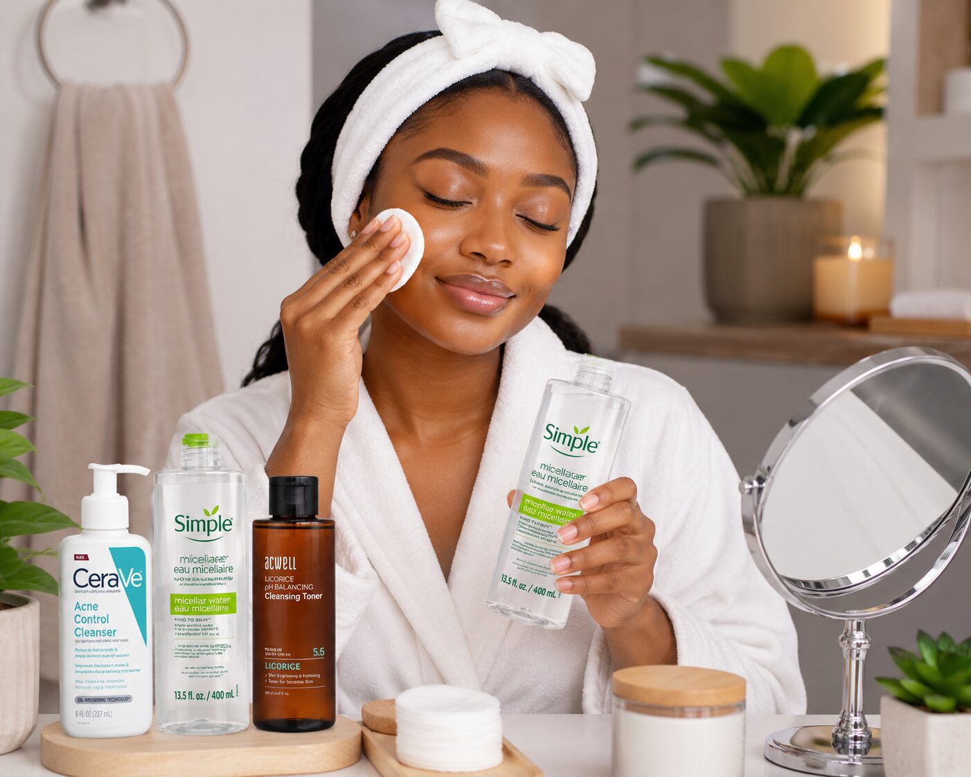 Top 7 Benefits of Micellar Water for Healthy Skin African Nigerian woman cleansing her face with micellar water for healthy, hydrated, glowing skin during her daily skincare routine.