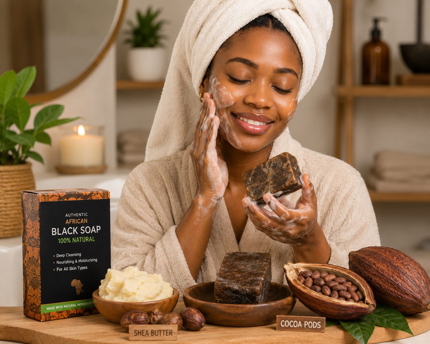 What Is African Black Soap? Benefits, Uses, and Side Effects Explained Authentic African Black Soap with natural ingredients beside shea butter and cocoa pods for healthy, glowing skin.