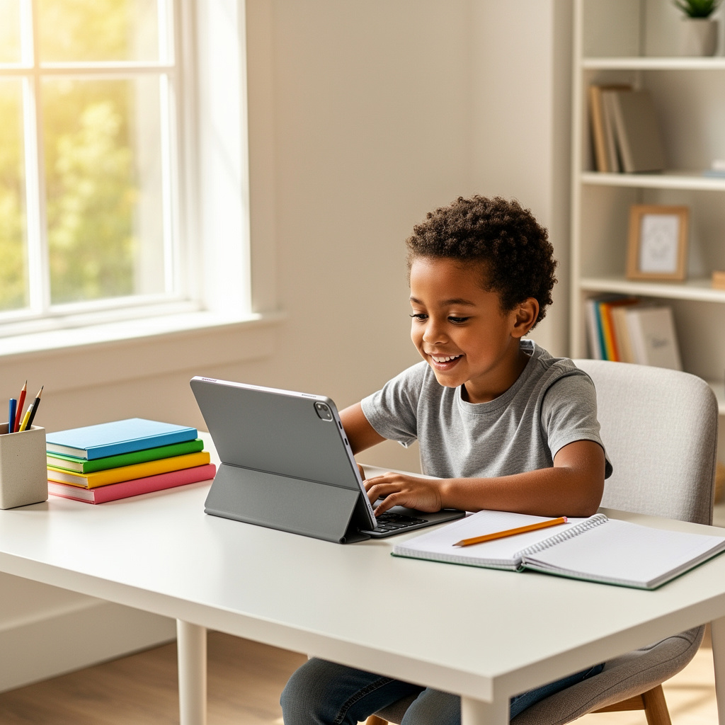 Kids' tablets with strong parental controls showing a child safely using a tablet under parental supervision in a family-friendly environment