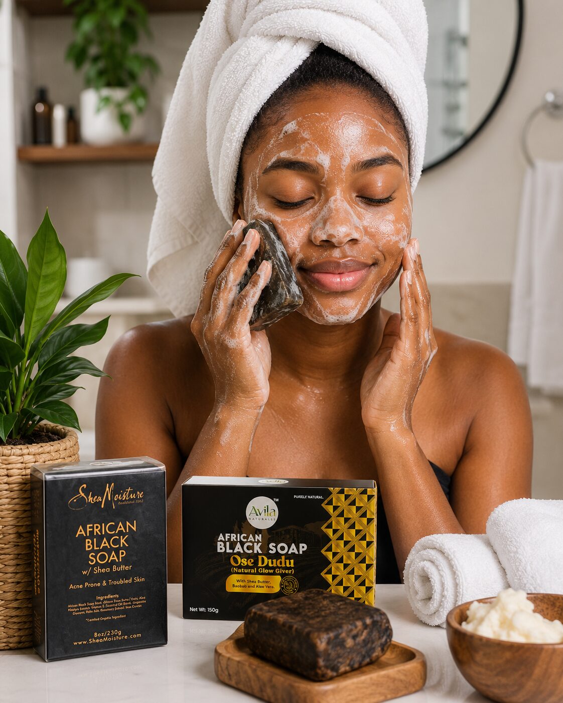 Best African Black Soap for Acne-Prone Skin in Nigeria African Nigerian woman using authentic African Black Soap to cleanse acne-prone skin during her natural skincare routine at home.