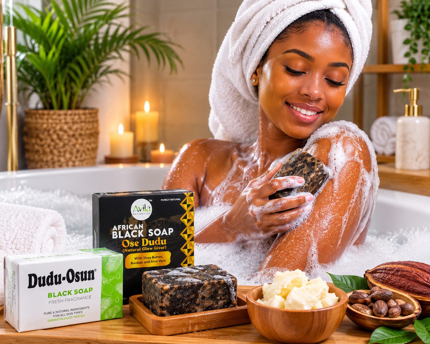 Best African Black Soap Brands in Nigeria (2026 Review) African Nigerian woman using authentic African Black Soap for radiant, healthy skin with natural ingredients beside shea butter and cocoa pods.