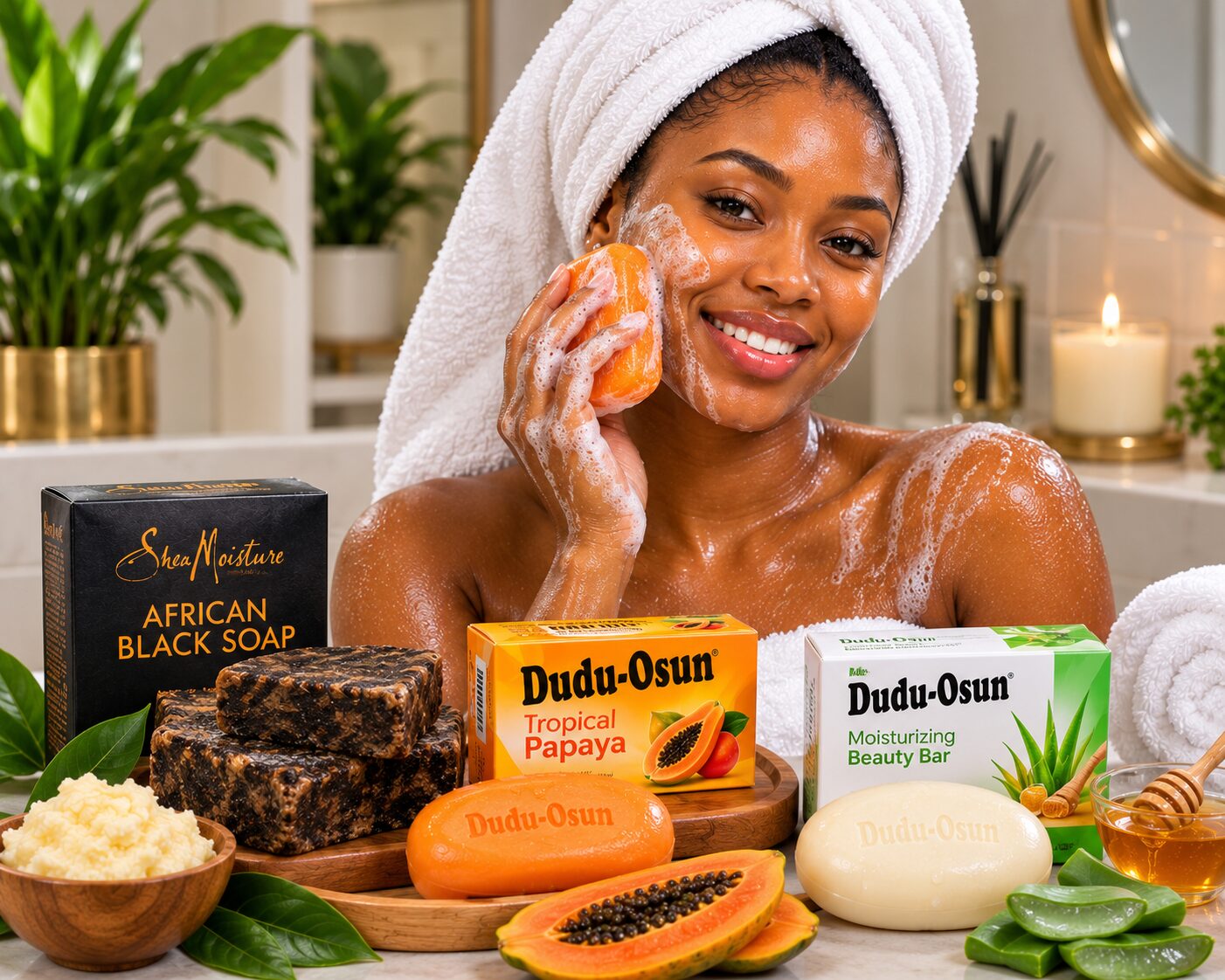 Best Beauty Soap in Nigeria (2026 Review): Top 15 Soaps for Glowing Skin African Nigerian woman using Best beauty soaps in Nigeria for glowing skin, including African black soap, papaya soap, and moisturizing beauty bars.