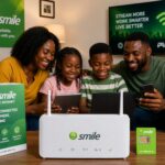 Black Nigerian family using Smile 4G LTE Internet router for high-speed home internet in Nigeria