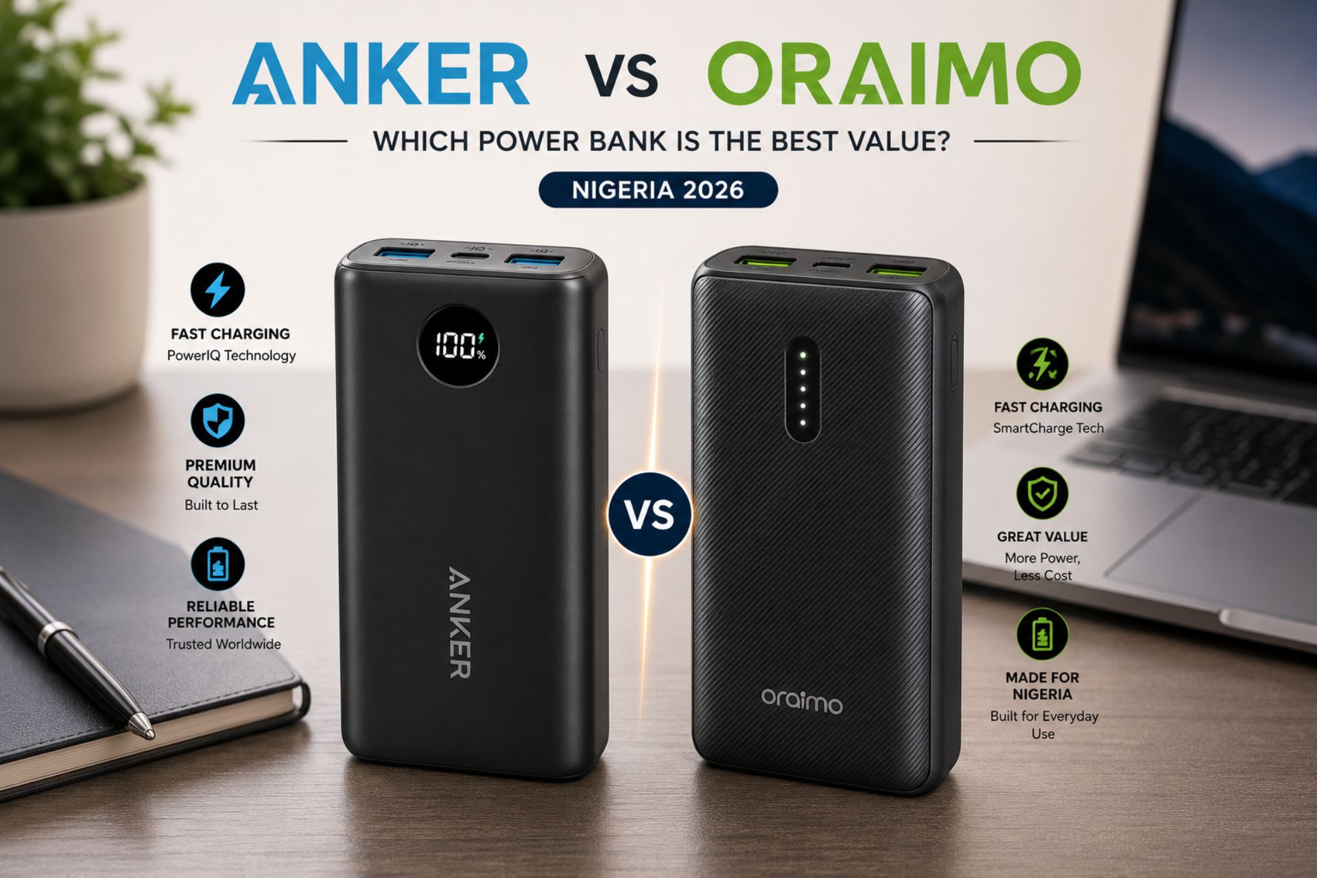 Anker vs Oraimo power banks comparison showing two modern portable chargers side by side on a desk in Nigeria 2026