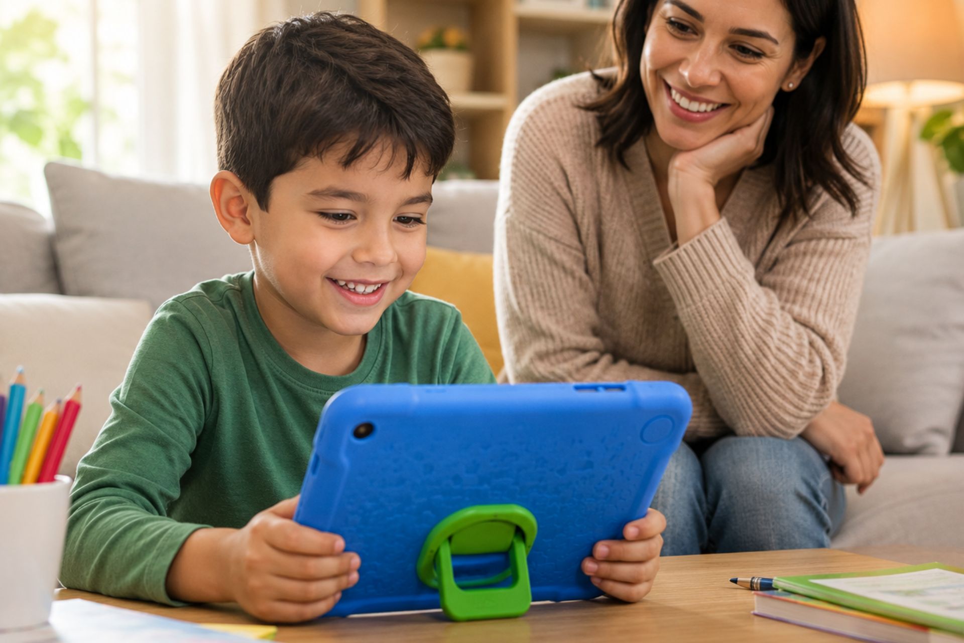 Kids' tablets with strong parental controls showing a child safely using a tablet under parental supervision in a family-friendly environment