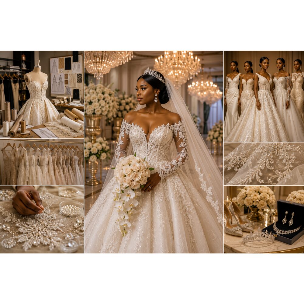 Elegant Nigerian bride wearing a luxury bridal dress in a grand wedding venue surrounded by beautiful floral decorations and premium décor.
