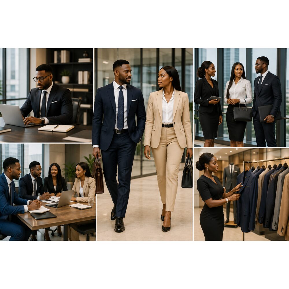 Professional Nigerian men and women wearing elegant corporate wears from leading clothes brands in Nigeria inside a modern office environment.