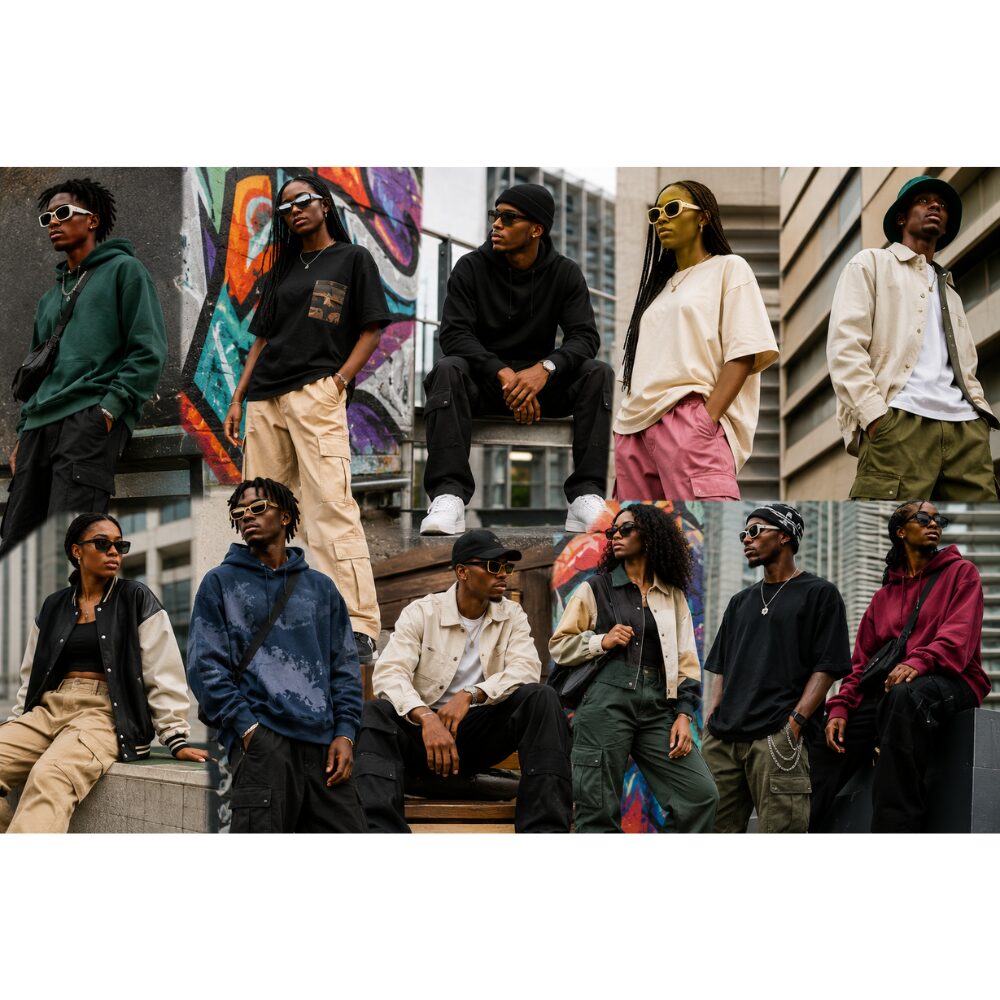 Young Nigerian men and women wearing trendy streetwear from leading streetwear brands in Nigeria in an urban Lagos-inspired setting.