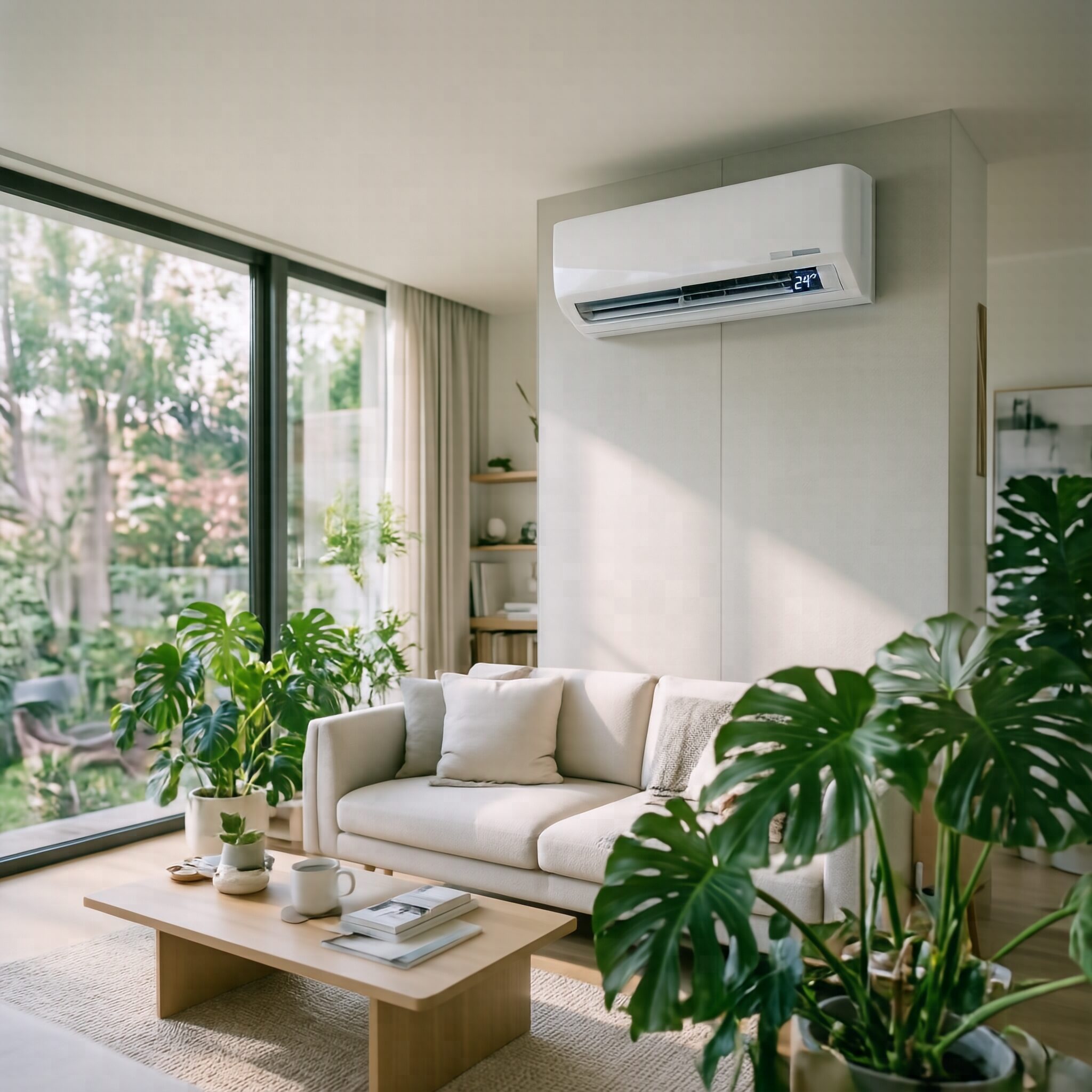 How to Choose the Right Air Conditioner for Your Home with an energy-efficient split air conditioner installed in a modern living room