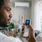 how to operate an air conditioner for a proper cooling effect showing a person adjusting a modern air conditioner remote control