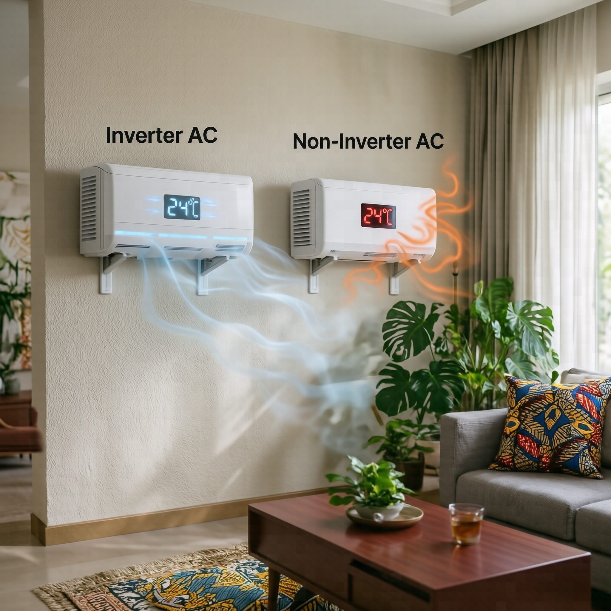 Inverter Air Conditioner vs Non-Inverter Air Conditioner comparison showing two modern split air conditioners in a comfortable Nigerian home